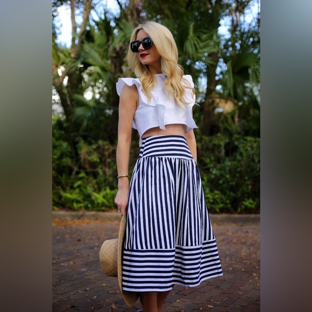 J.O.A. White and Navy Striped Midi A-Line Skirt